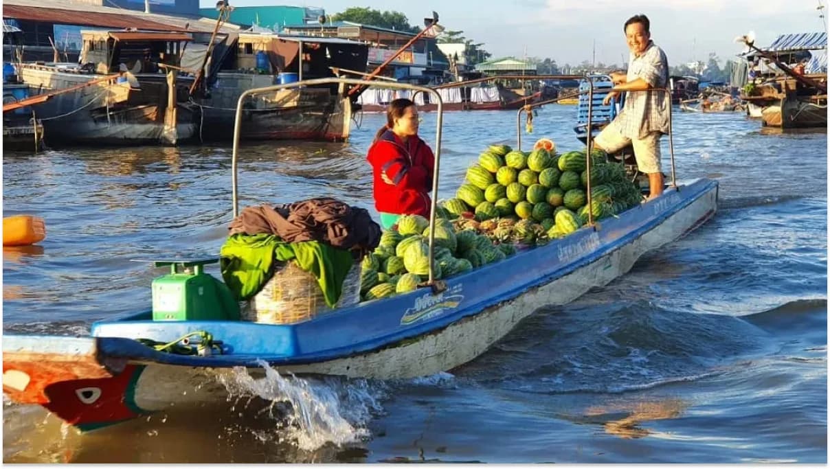 Vendors selling fruits and goods from boats at Cai Rang Floating Market