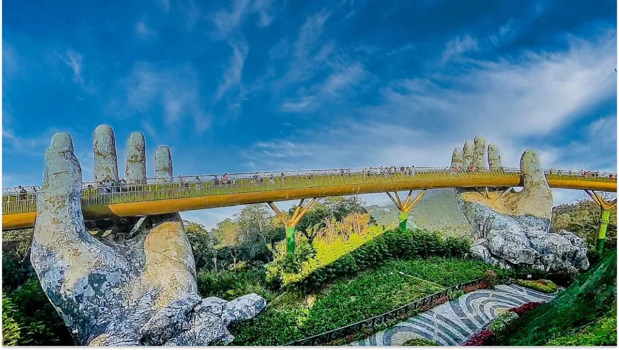 Aerial view of Golden Bridge in Ba Na Hills, Vietnam