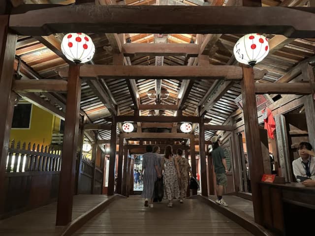 Wooden interior of the Japanese Covered Bridge with soft light