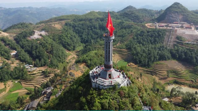 Vietnam national flag flying atop Lung Cu Flag Tower, Ha Giang
