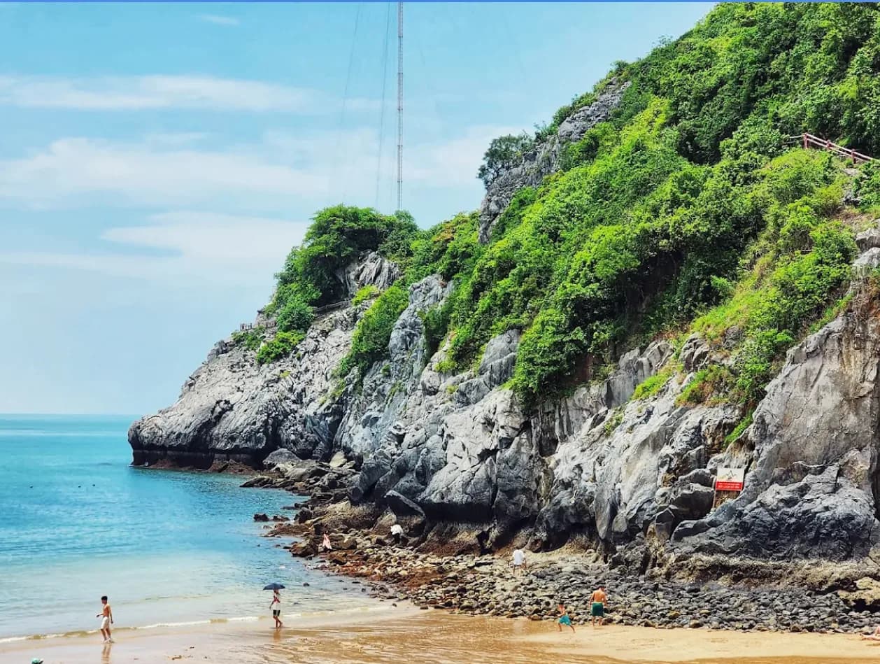 Scenic view of Cat Ba Island with limestone cliffs and emerald waters