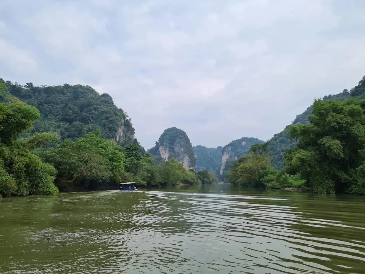 Panoramic view of Ba Be Lake surrounded by mountains and forest
