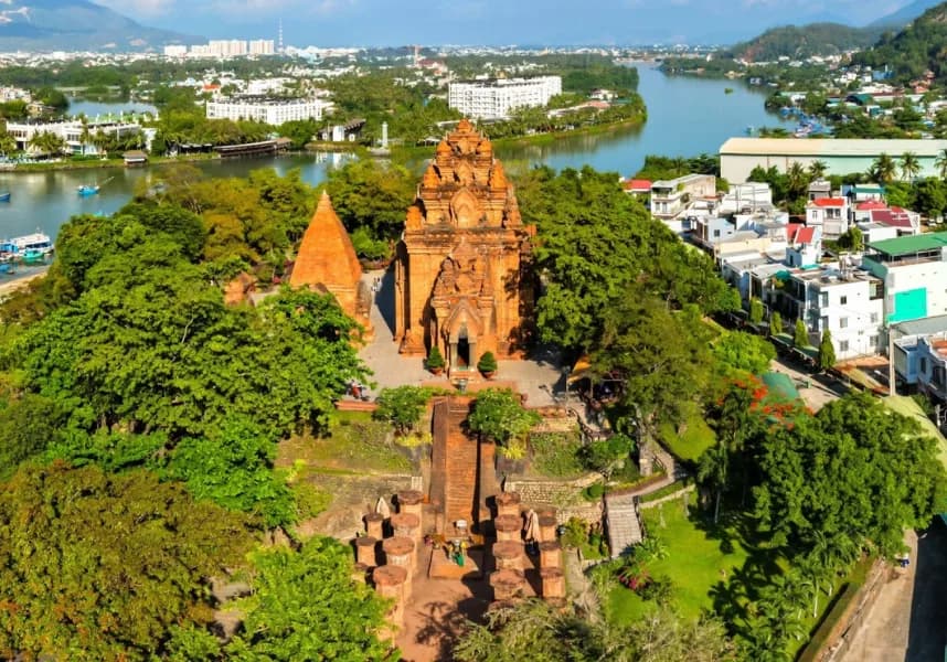 Scenic view of Po Nagar Cham Tower with traditional Cham architecture