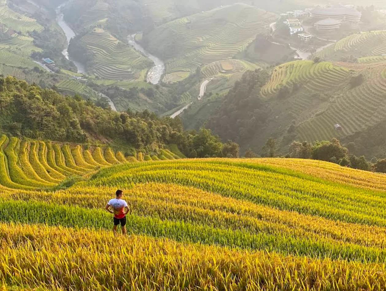 Aerial view of terraced fields and ethnic villages in Mu Cang Chai
