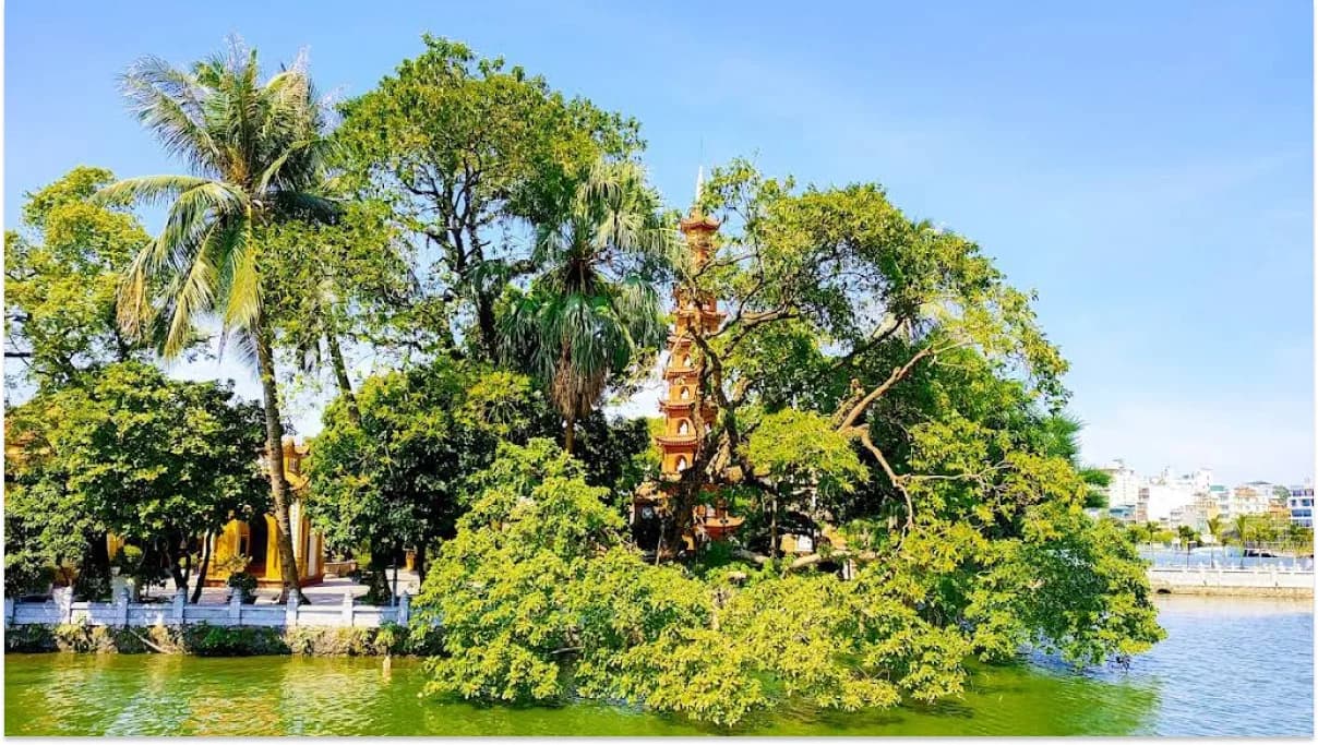 Tran Quoc Pagoda with its main tower and serene lakeside view