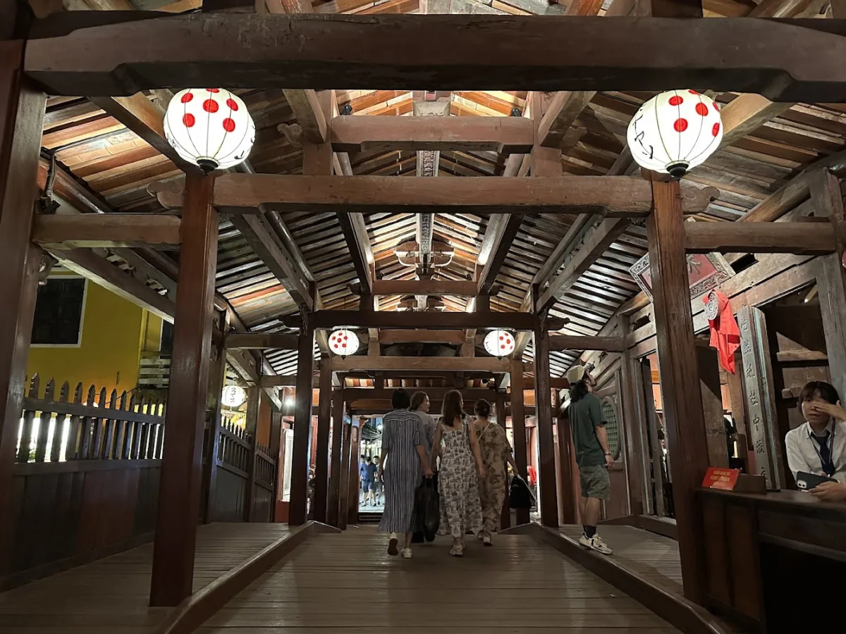 Wooden interior of the Japanese Covered Bridge with soft light