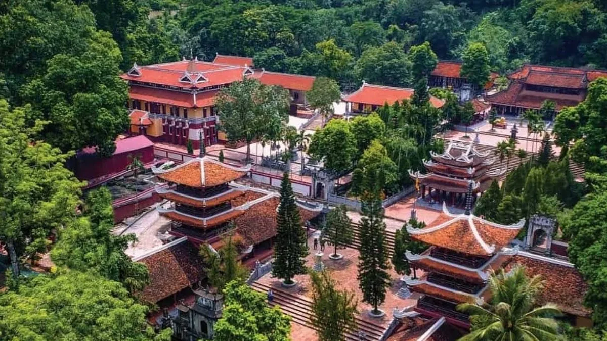 Perfume Pagoda surrounded by lush mountains and river