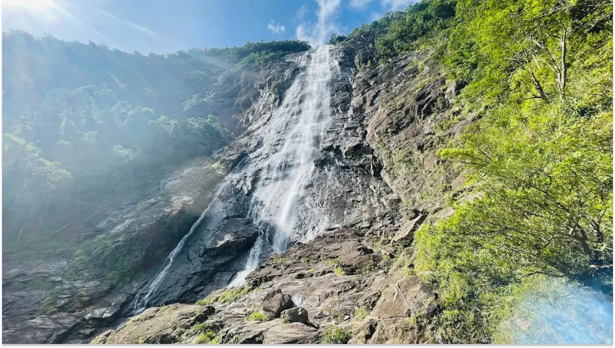 Waterfall cascading through lush forest in Bach Ma National Park