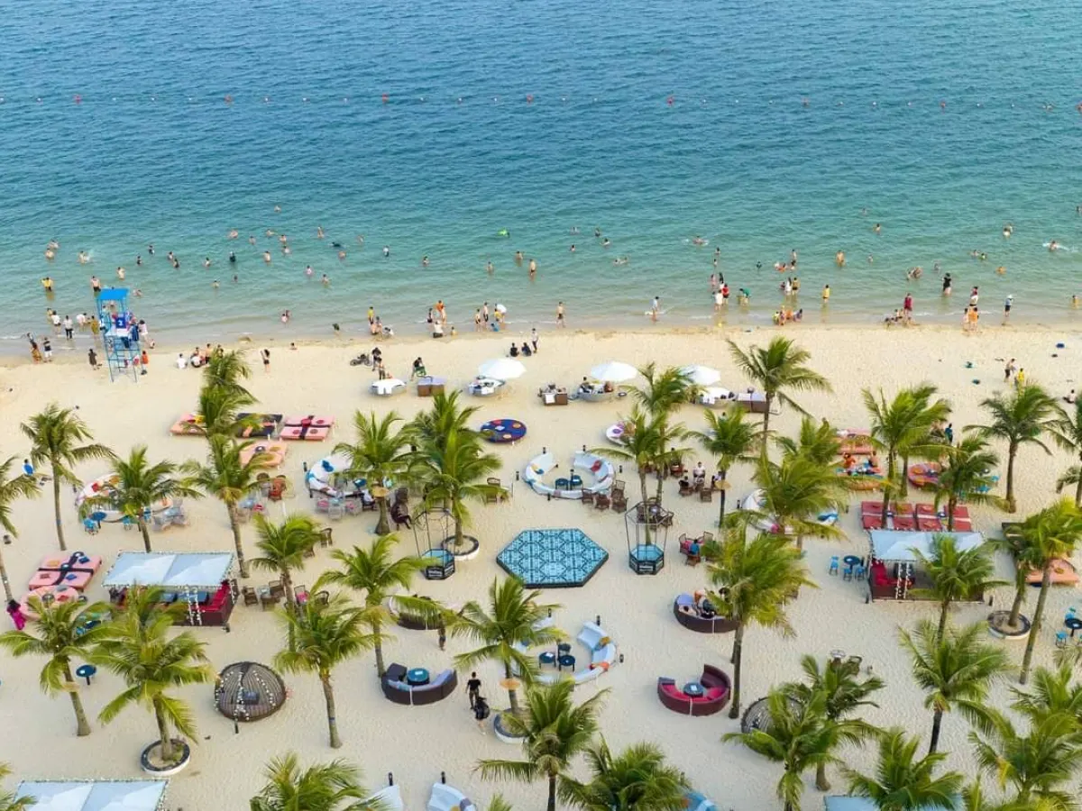 Aerial view of Bai Chay Beach with long sandy coastline and blue sea