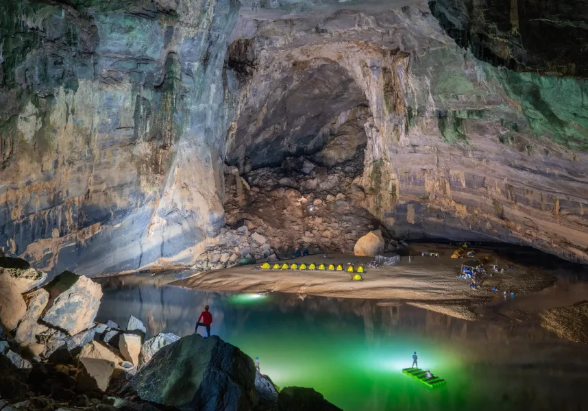 Adventurers setting up camp inside Phong Nha Cave, Quang Binh